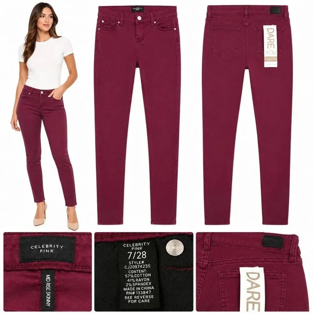 Celebrity Pink Burgundy Mid Rise Skinny Jeans Size 7/28